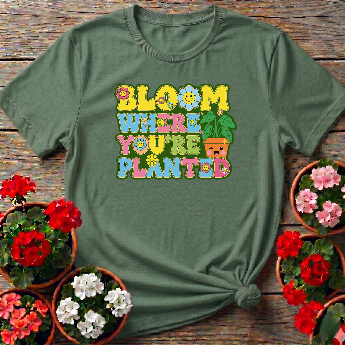 Bloom Where You Are Planted Retro Smiley Floral Tee