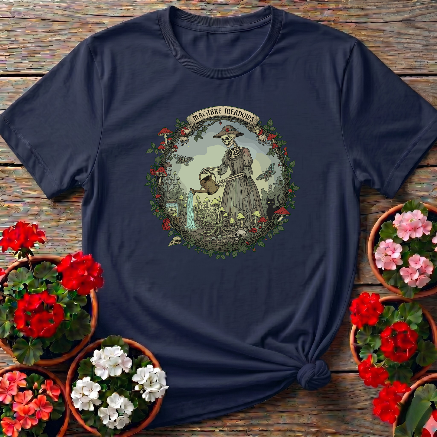 Macabre Meadows Goth Art Skeleton Gardener T-shirt