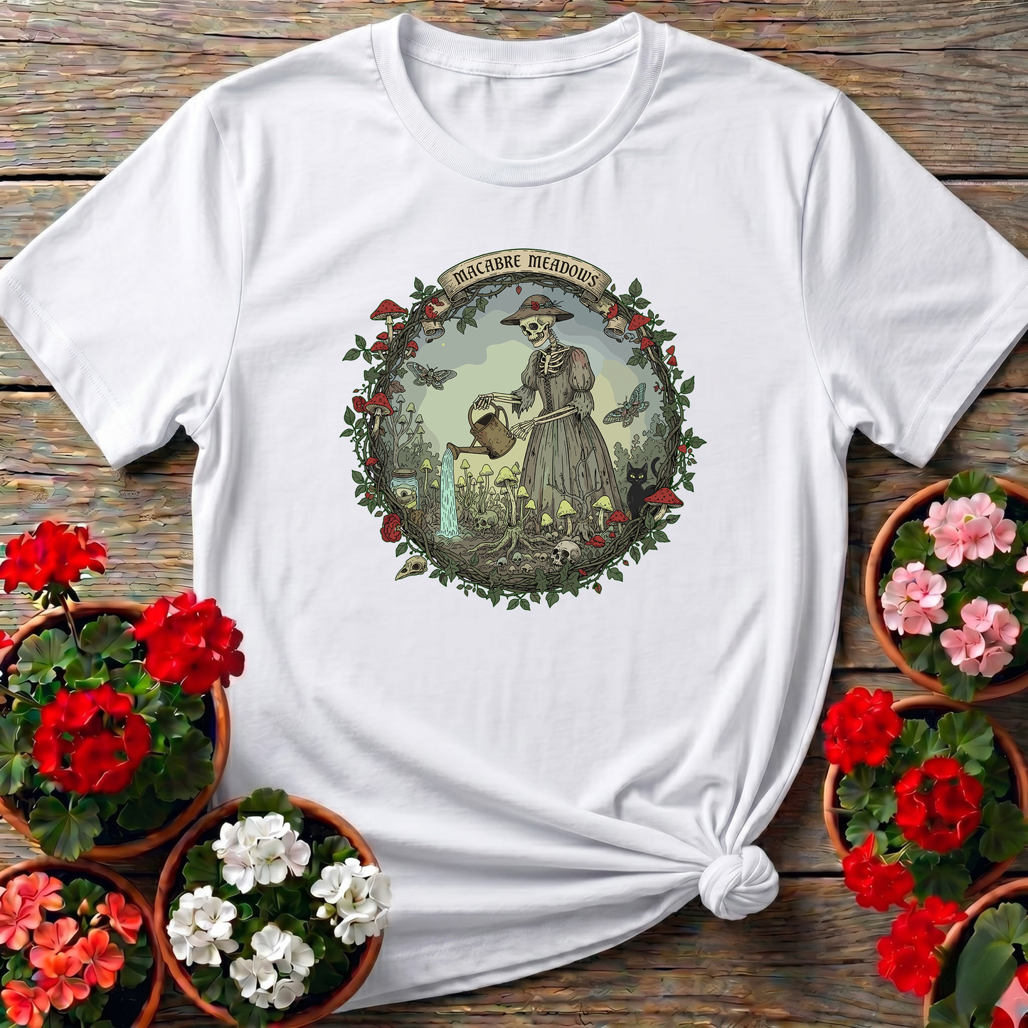 Macabre Meadows Goth Art Skeleton Gardener T-shirt