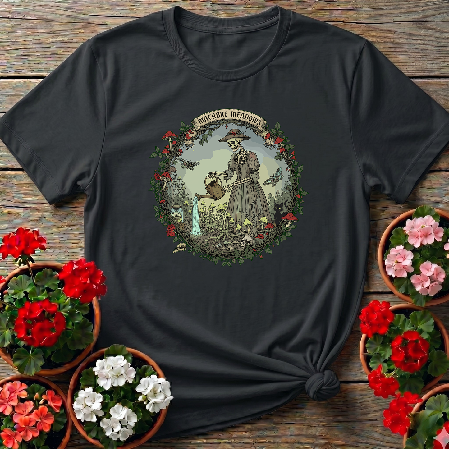 Macabre Meadows Goth Art Skeleton Gardener T-shirt