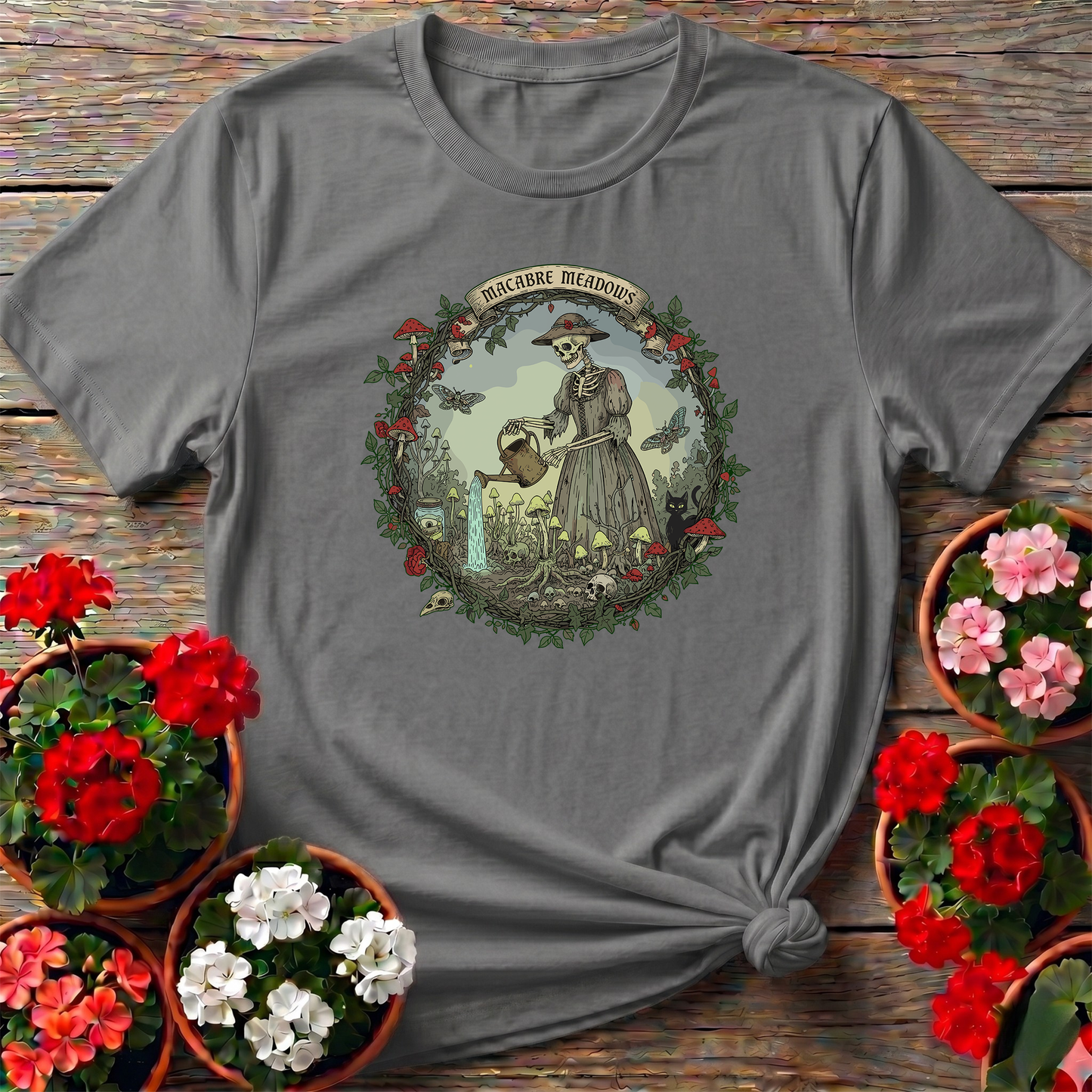 Macabre Meadows Goth Art Skeleton Gardener T-shirt