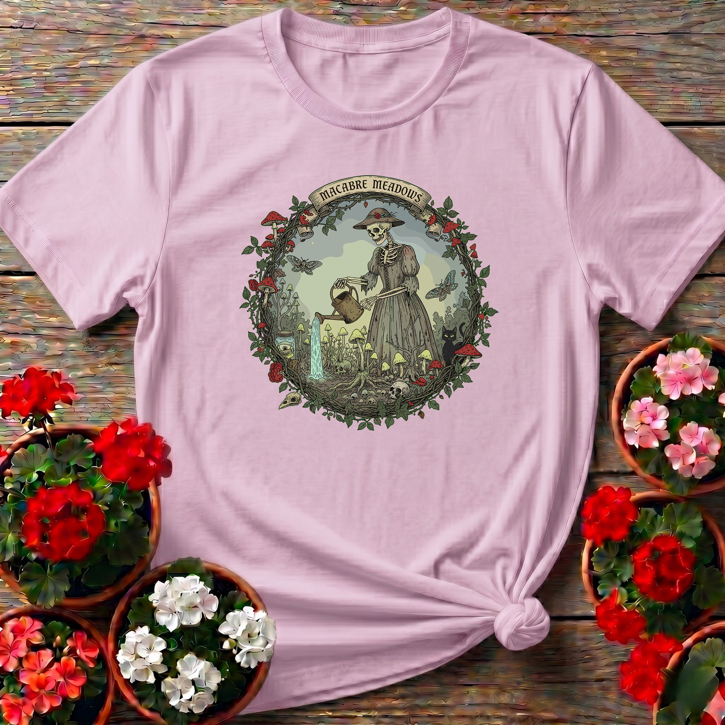 Macabre Meadows Goth Art Skeleton Gardener T-shirt