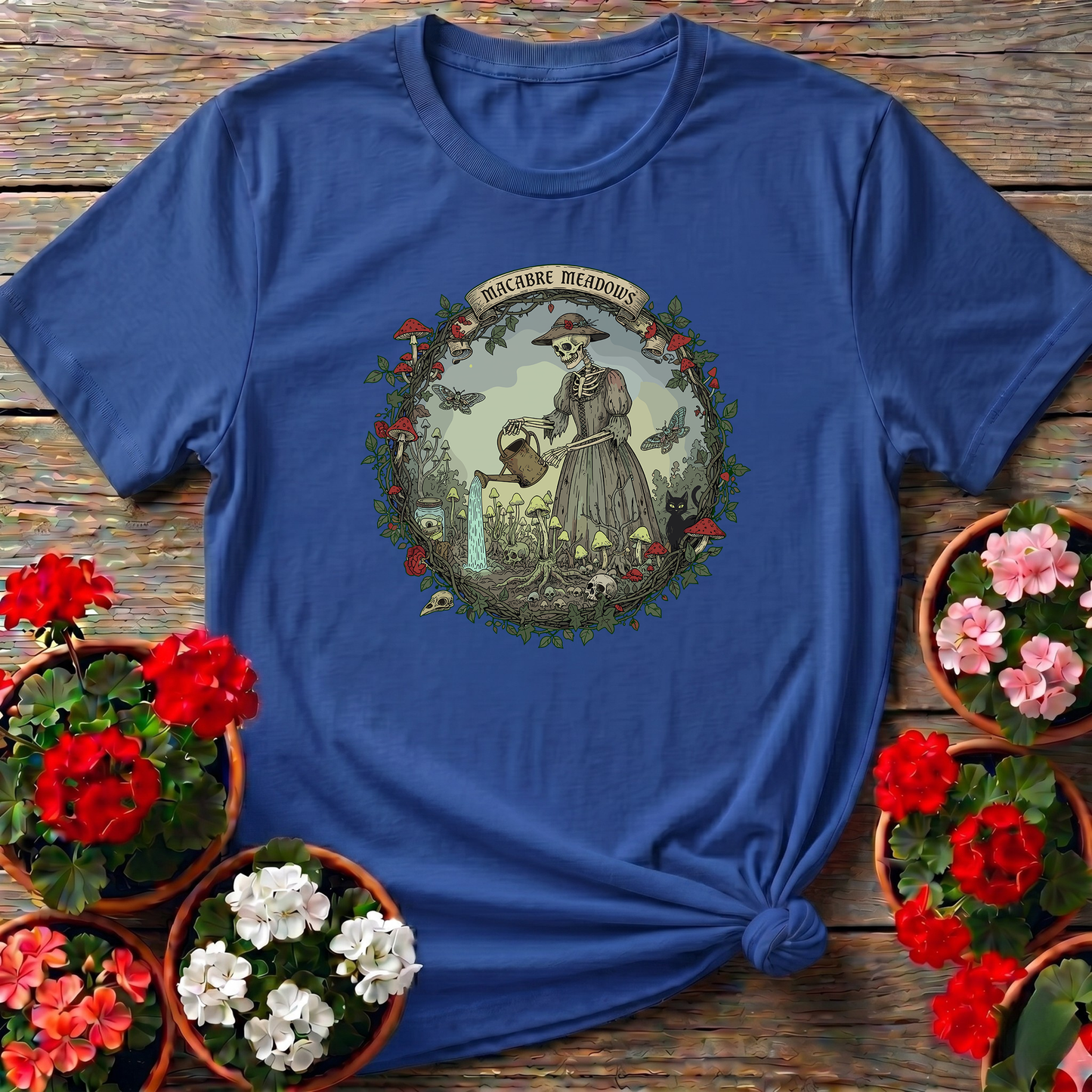 Macabre Meadows Goth Art Skeleton Gardener T-shirt