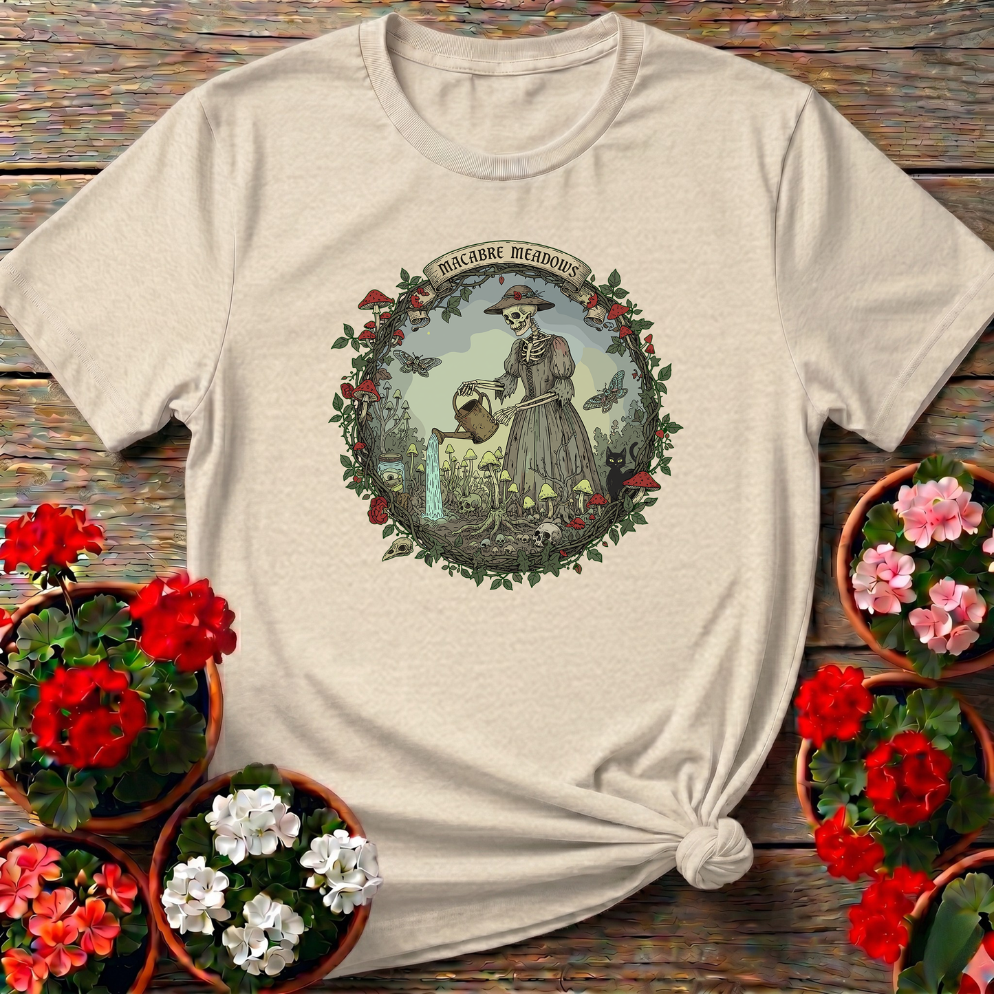 Macabre Meadows Goth Art Skeleton Gardener T-shirt