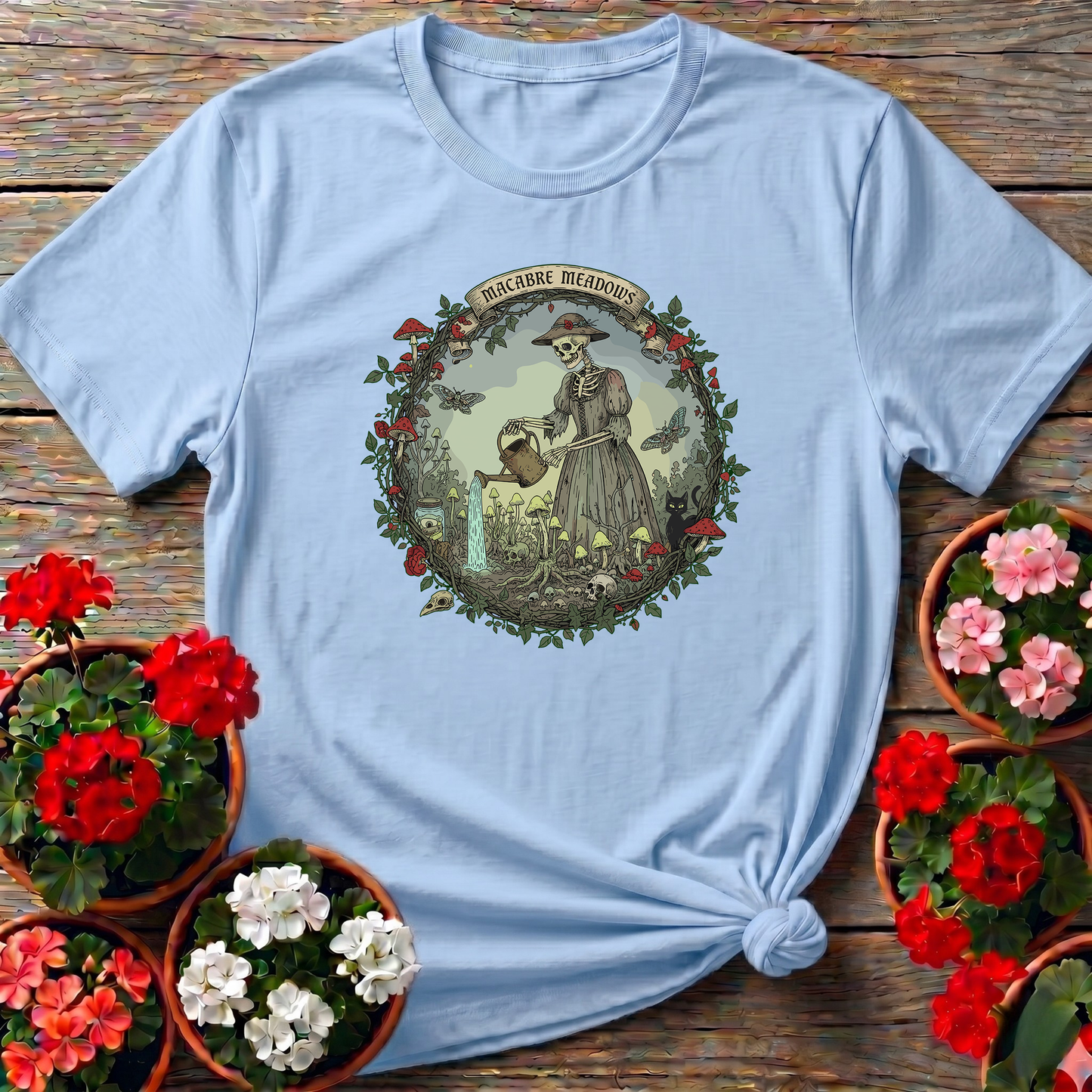 Macabre Meadows Goth Art Skeleton Gardener T-shirt
