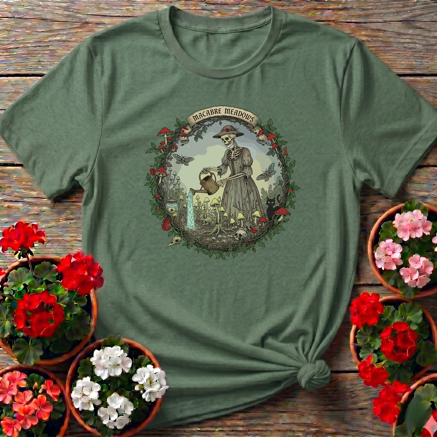 Macabre Meadows Goth Art Skeleton Gardener T-shirt
