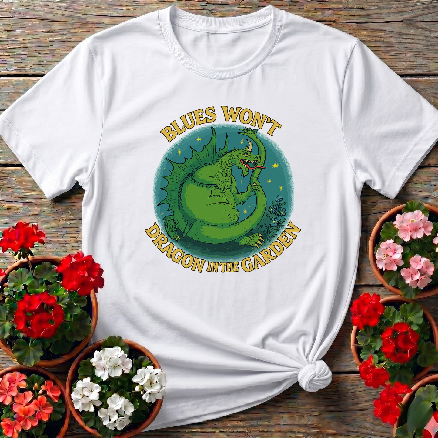 Blues Won't Dragon In The Garden Funny Mythical Tee