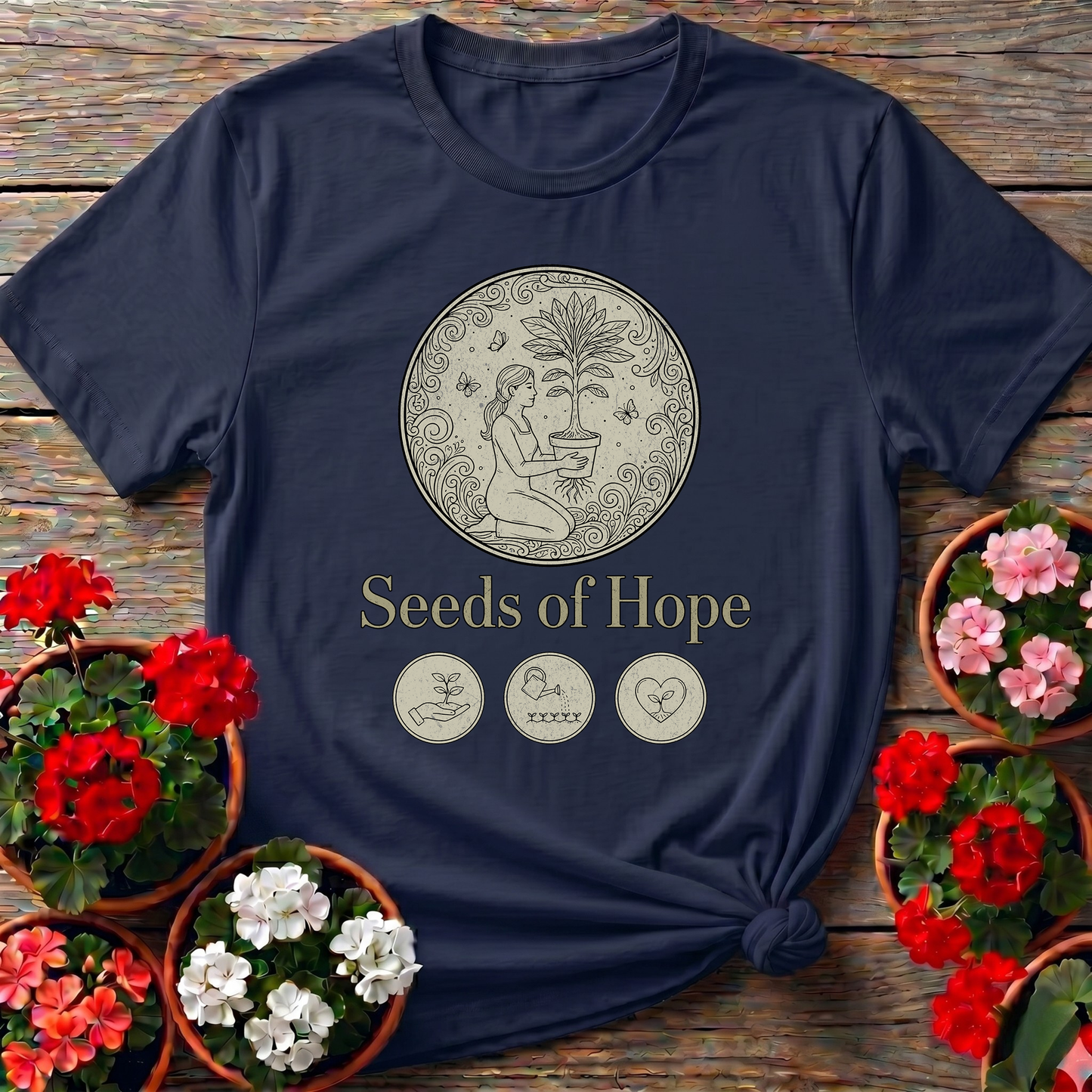 Seeds of Hope Elegant Line Art Gardening Graphic Tee