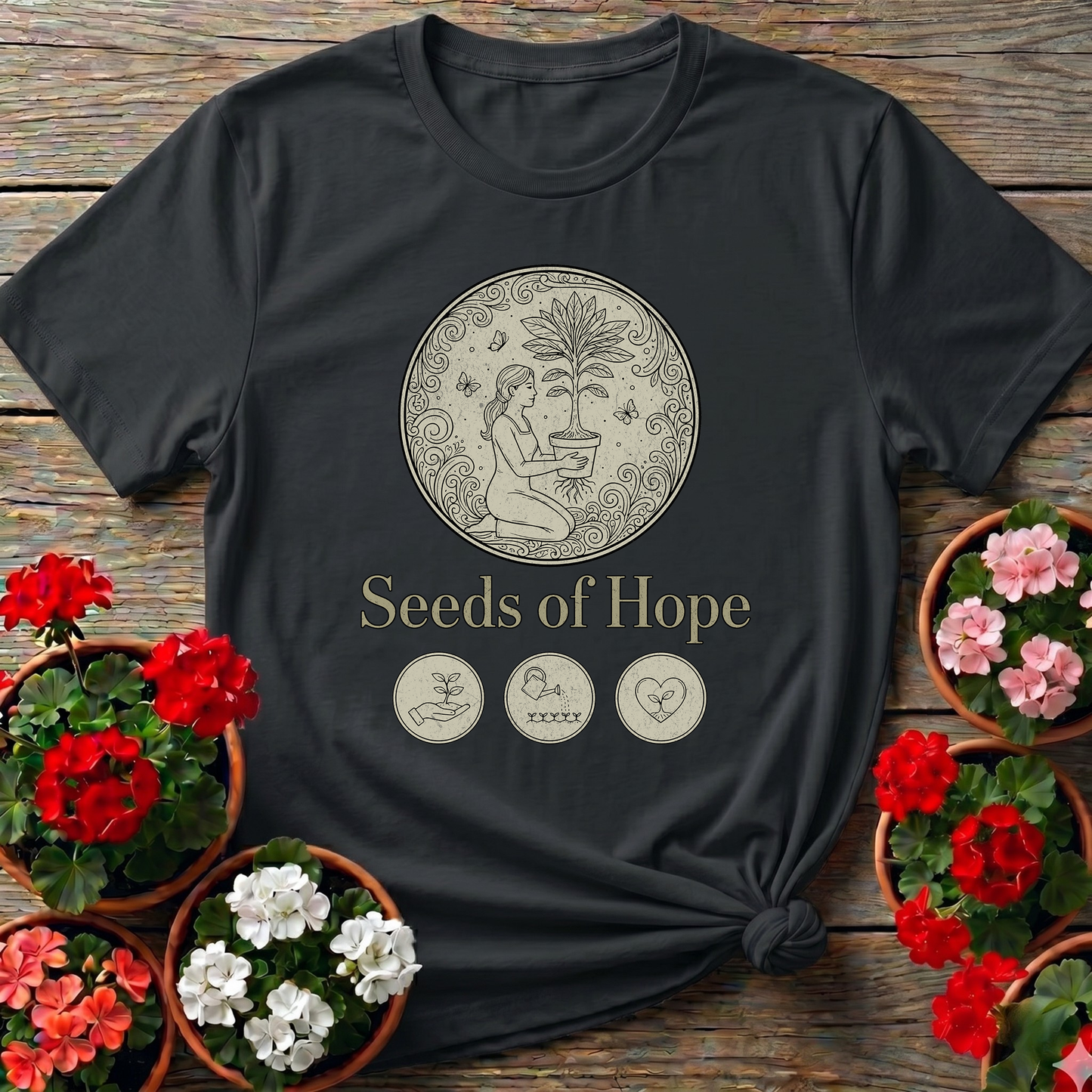 Seeds of Hope Elegant Line Art Gardening Graphic Tee