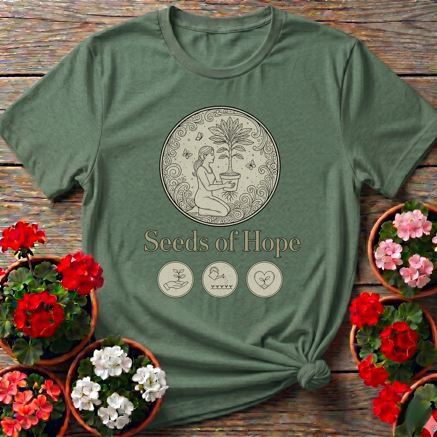 Seeds of Hope Elegant Line Art Gardening Graphic Tee