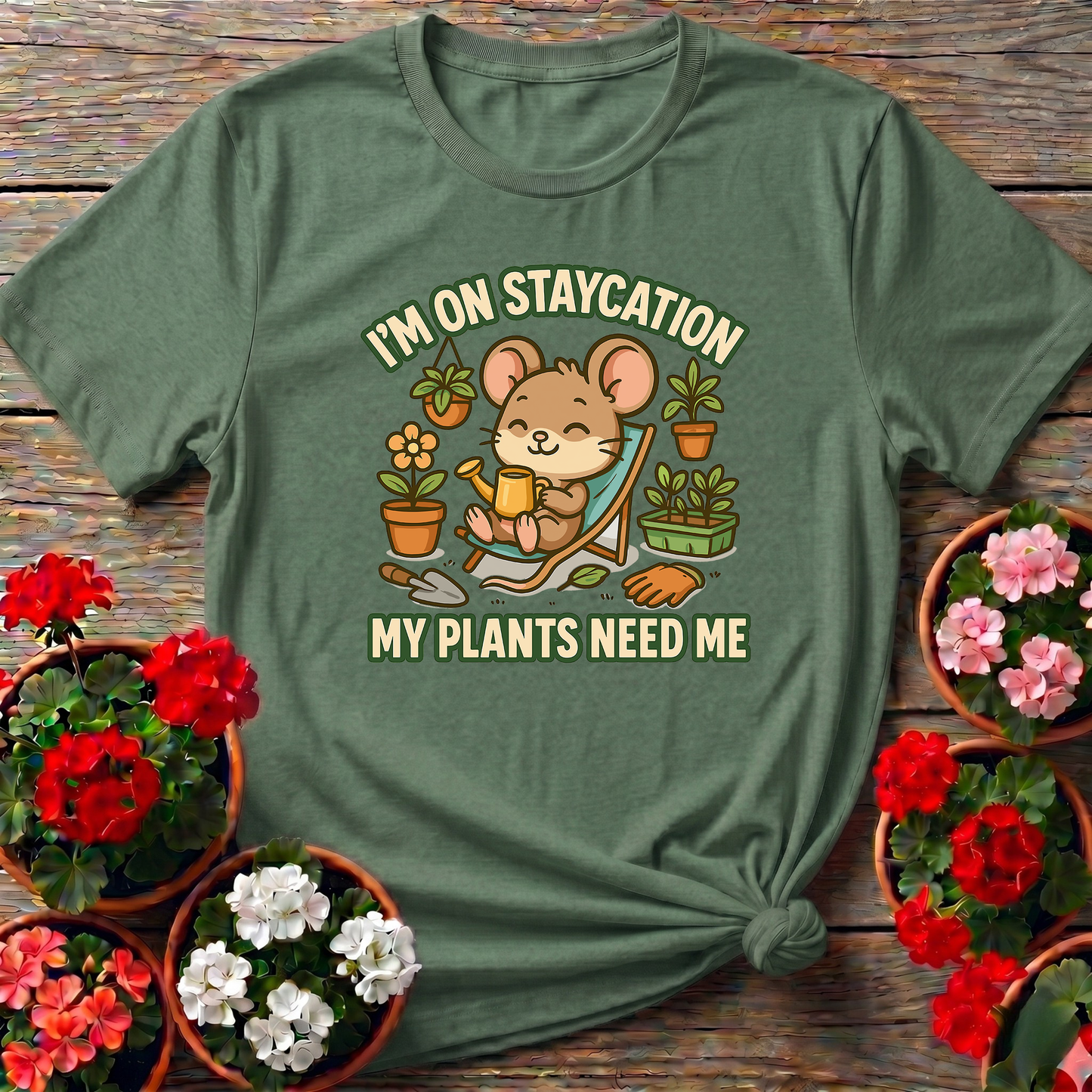 Im On Staycation My Plants Need Me Funny Mouse Tee