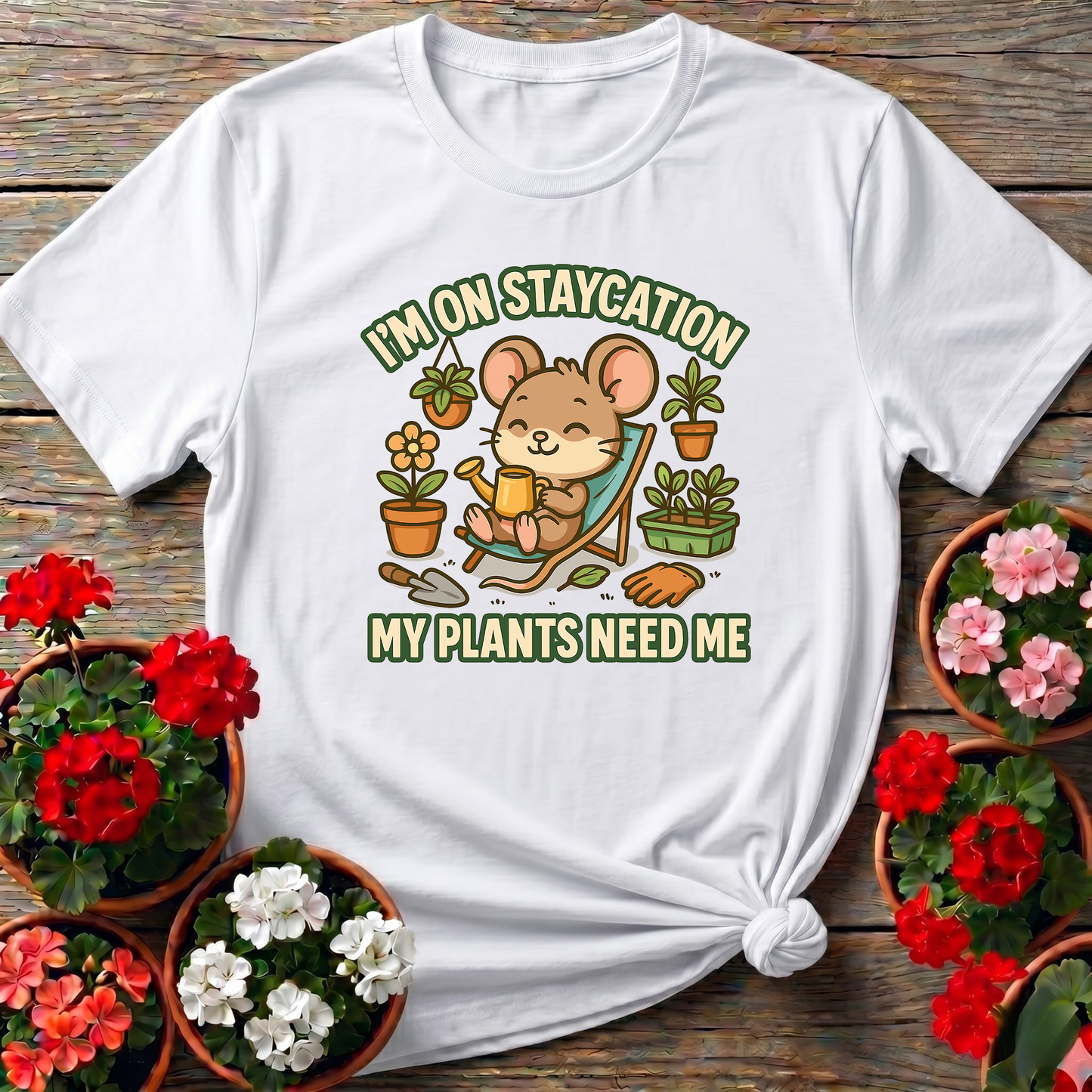 Im On Staycation My Plants Need Me Funny Mouse Tee