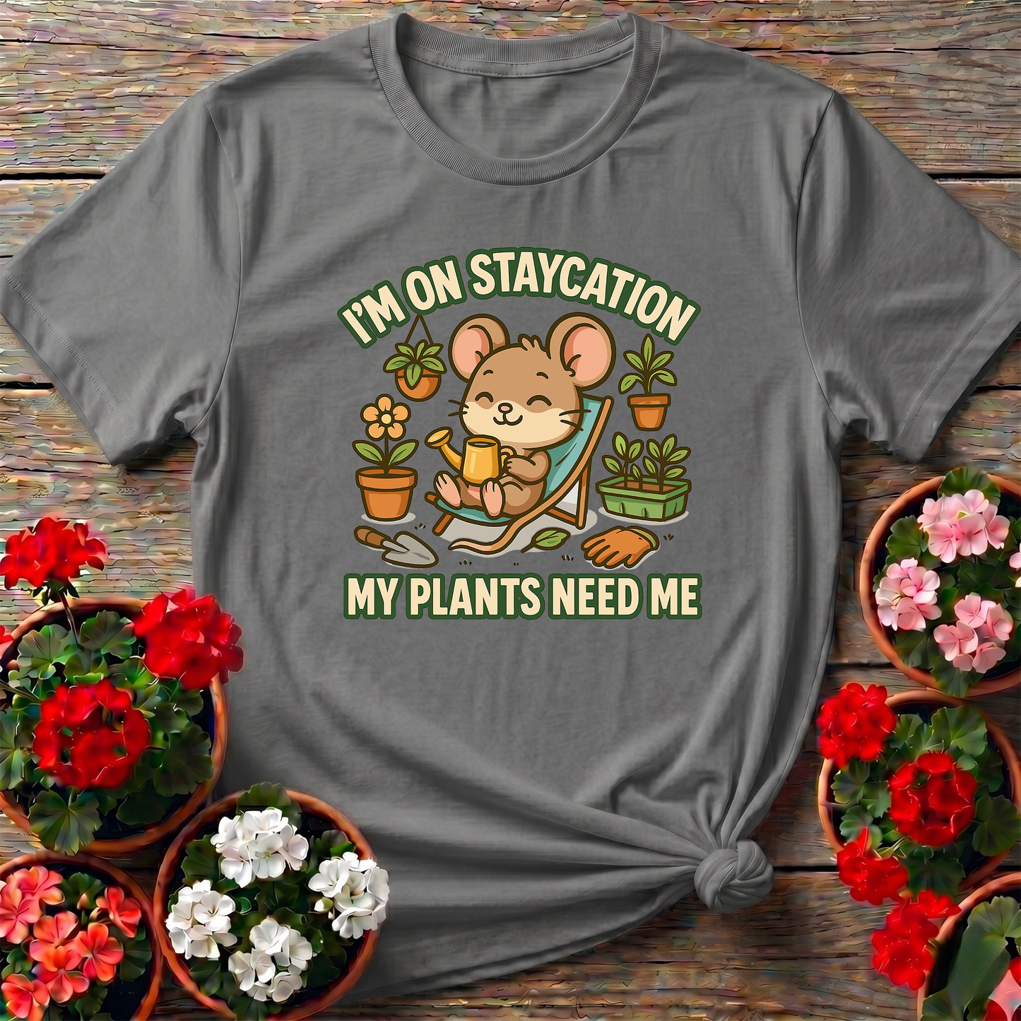 Im On Staycation My Plants Need Me Funny Mouse Tee