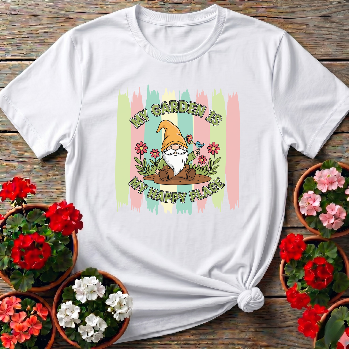 My Garden Is My Happy Place Whimsical Gnome T-shirt