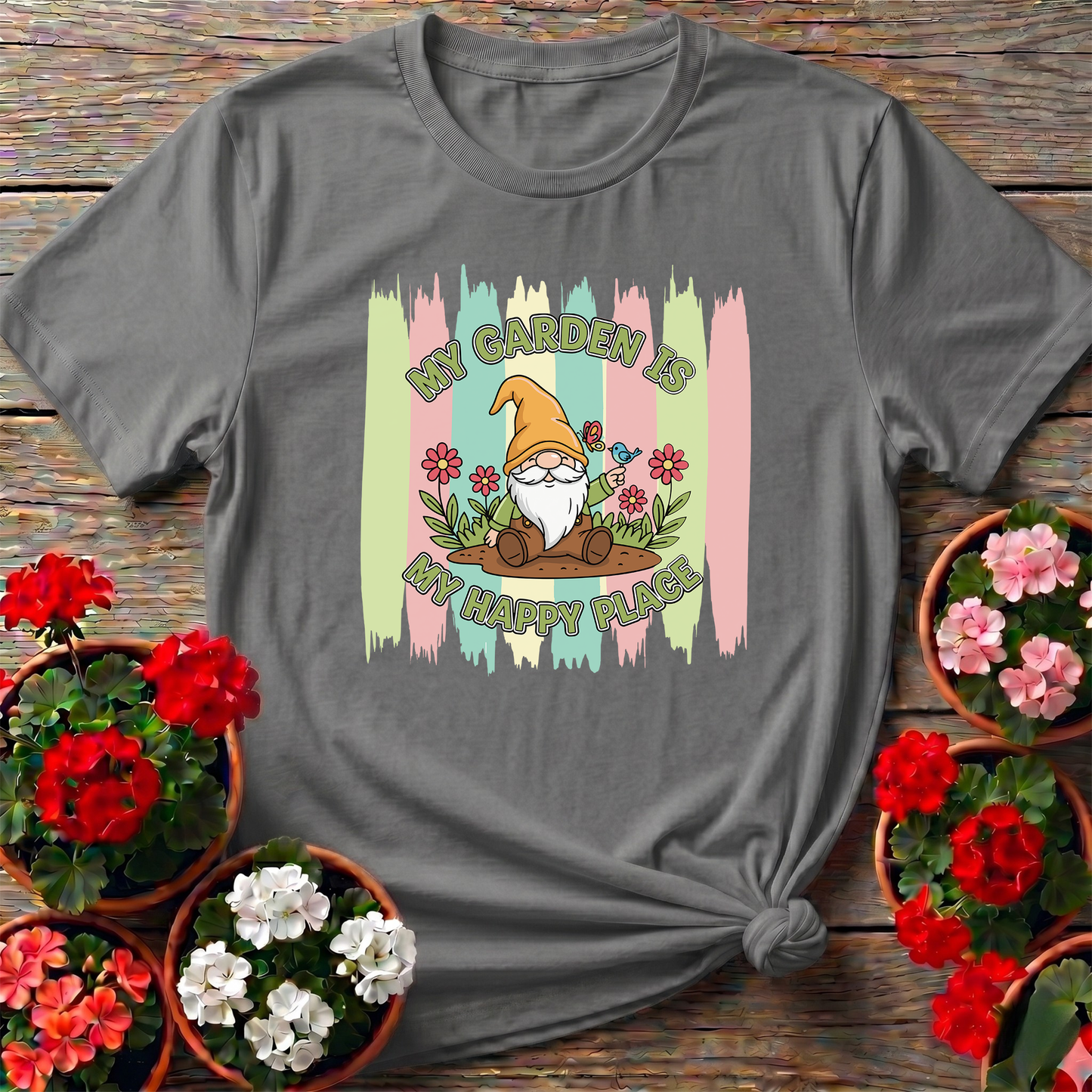 My Garden Is My Happy Place Whimsical Gnome T-shirt
