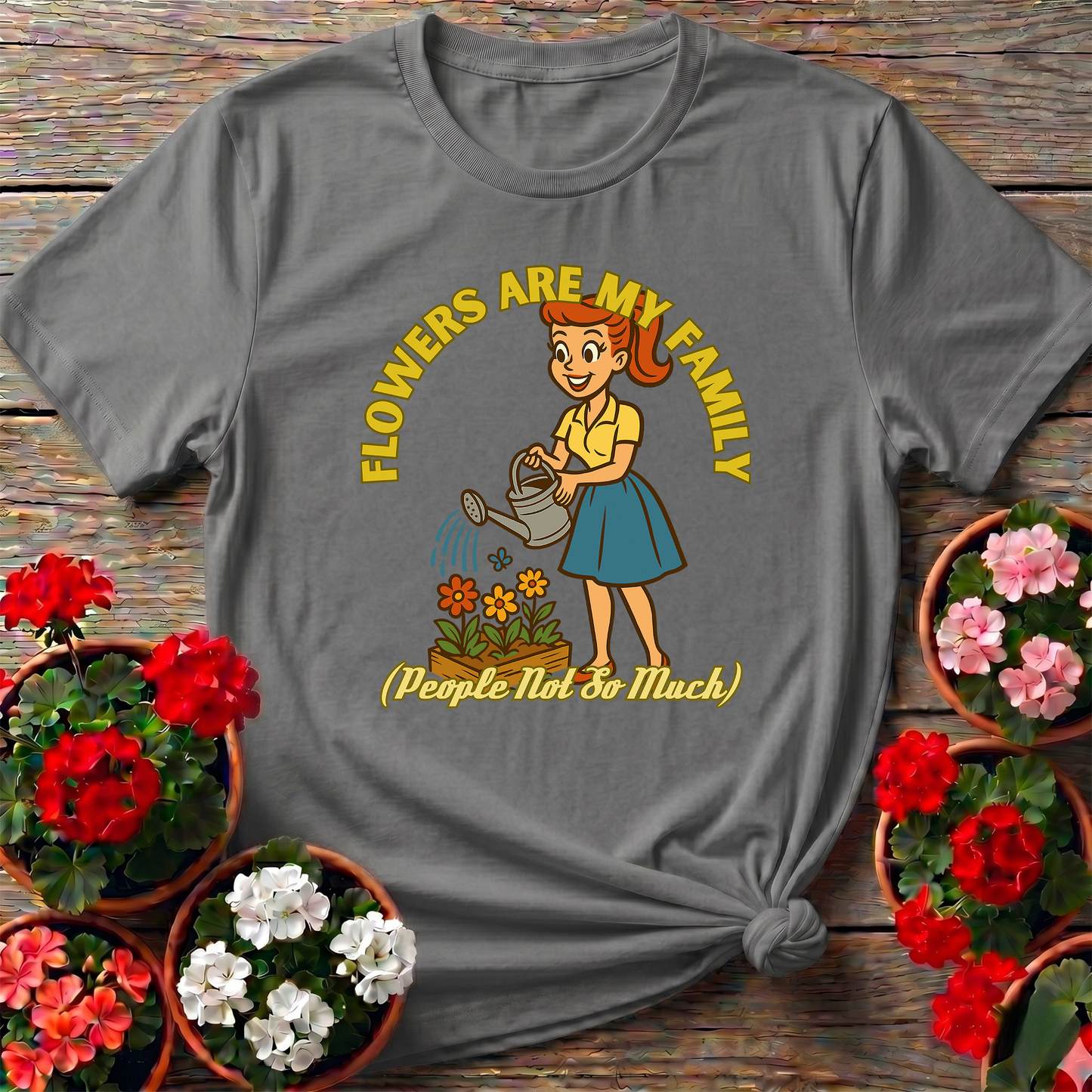 Flowers Are My Family Retro 1950s Gardening Humor Tee
