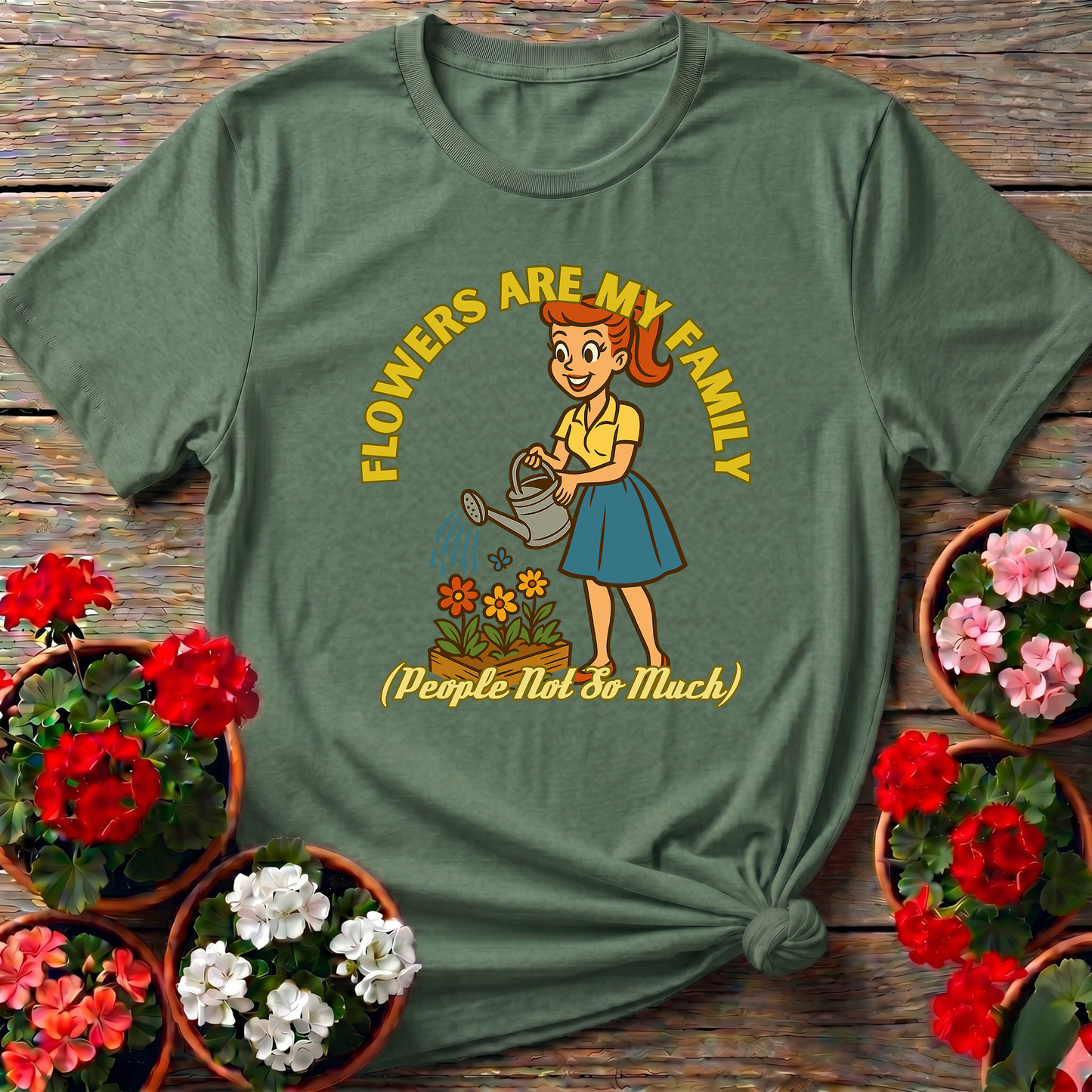 Flowers Are My Family Retro 1950s Gardening Humor Tee