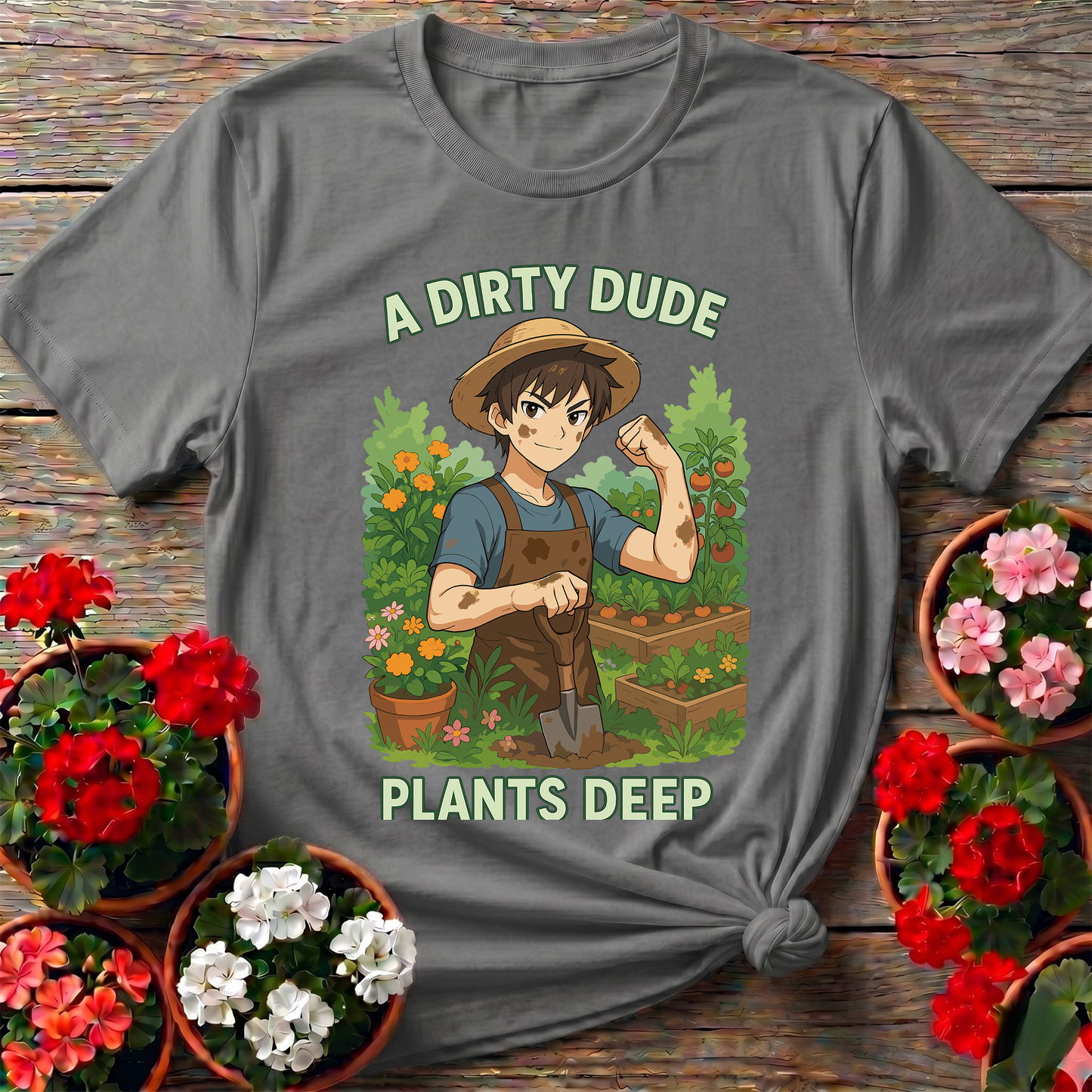 A Dirty Dude Plants Deep Anime Style Vegetable Gardener Statement T-Shirt