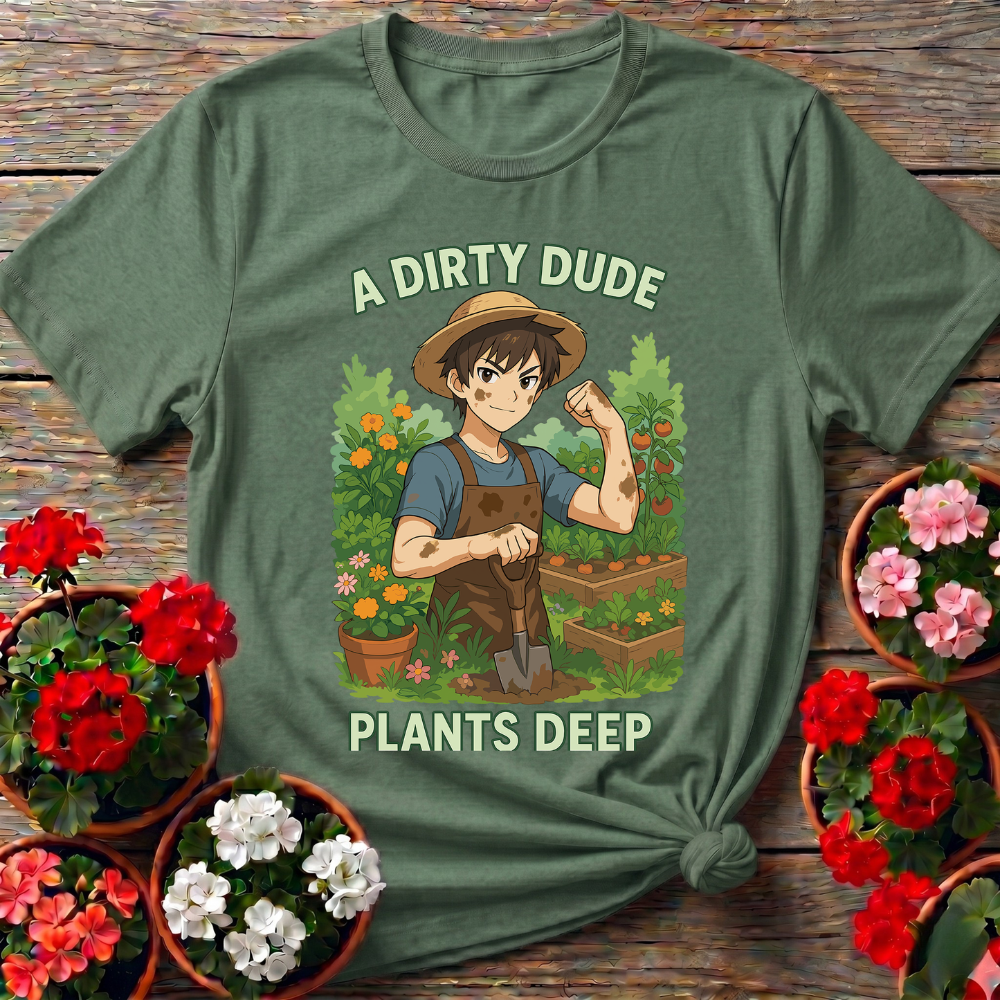 A Dirty Dude Plants Deep Anime Style Vegetable Gardener Statement T-Shirt