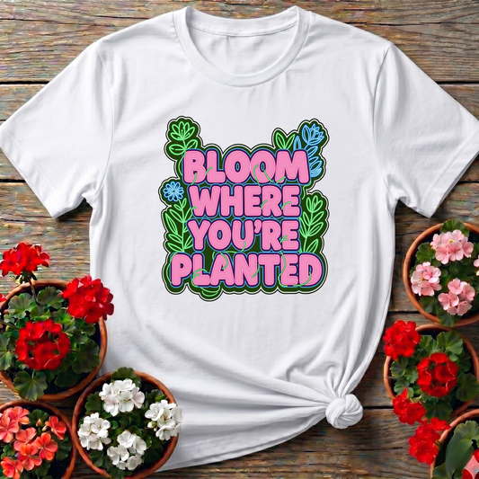 Bloom Where You're Planted Neon Garden Statement Tee