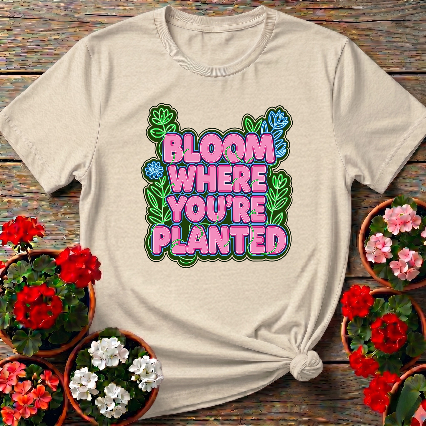 Bloom Where You're Planted Neon Garden Statement Tee