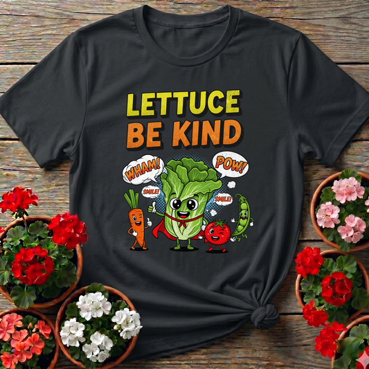 Lettuce Be Kind Comic Style Vegetable Superhero T-shirt