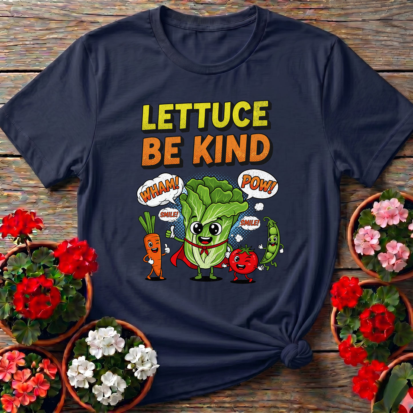 Lettuce Be Kind Comic Style Vegetable Superhero T-shirt