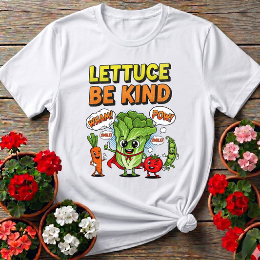 Lettuce Be Kind Comic Style Vegetable Superhero T-shirt