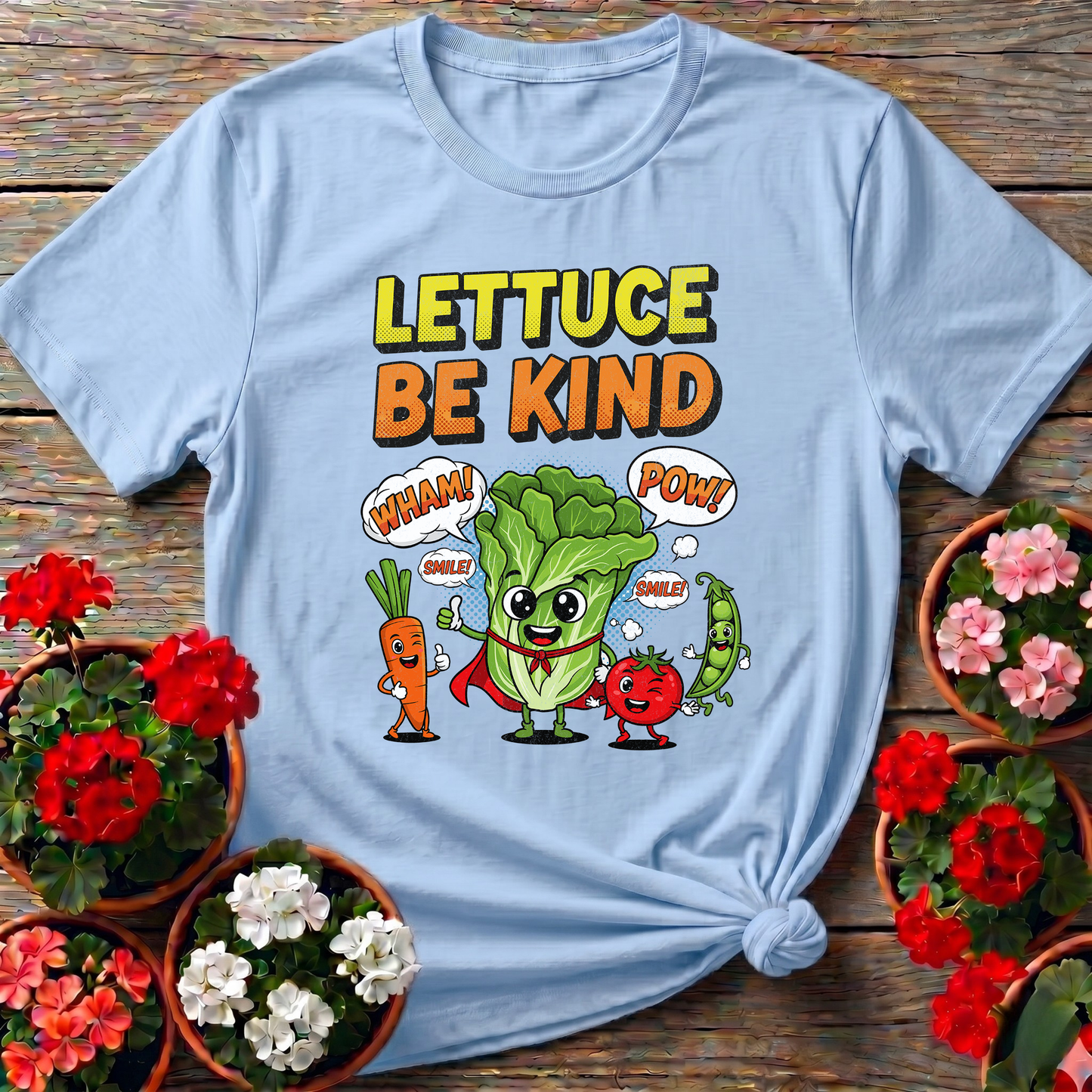 Lettuce Be Kind Comic Style Vegetable Superhero T-shirt