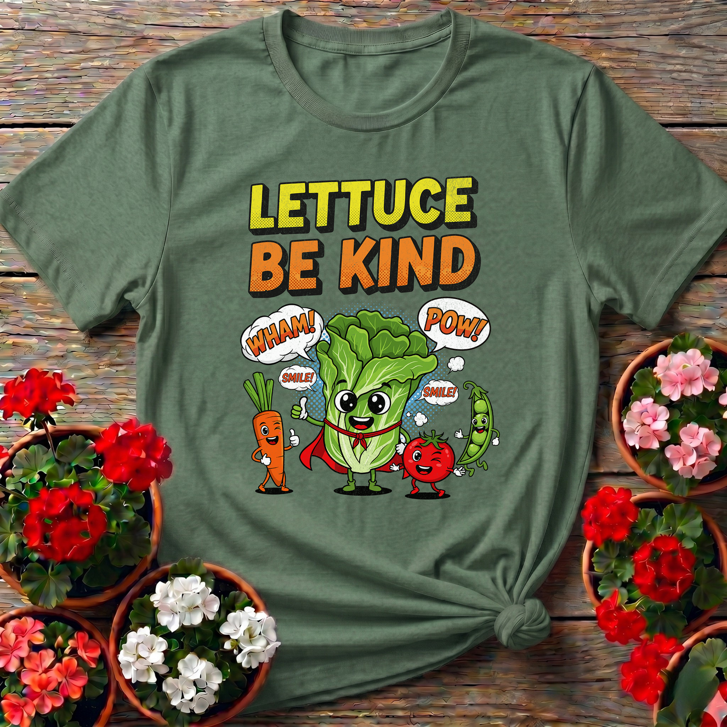 Lettuce Be Kind Comic Style Vegetable Superhero T-shirt