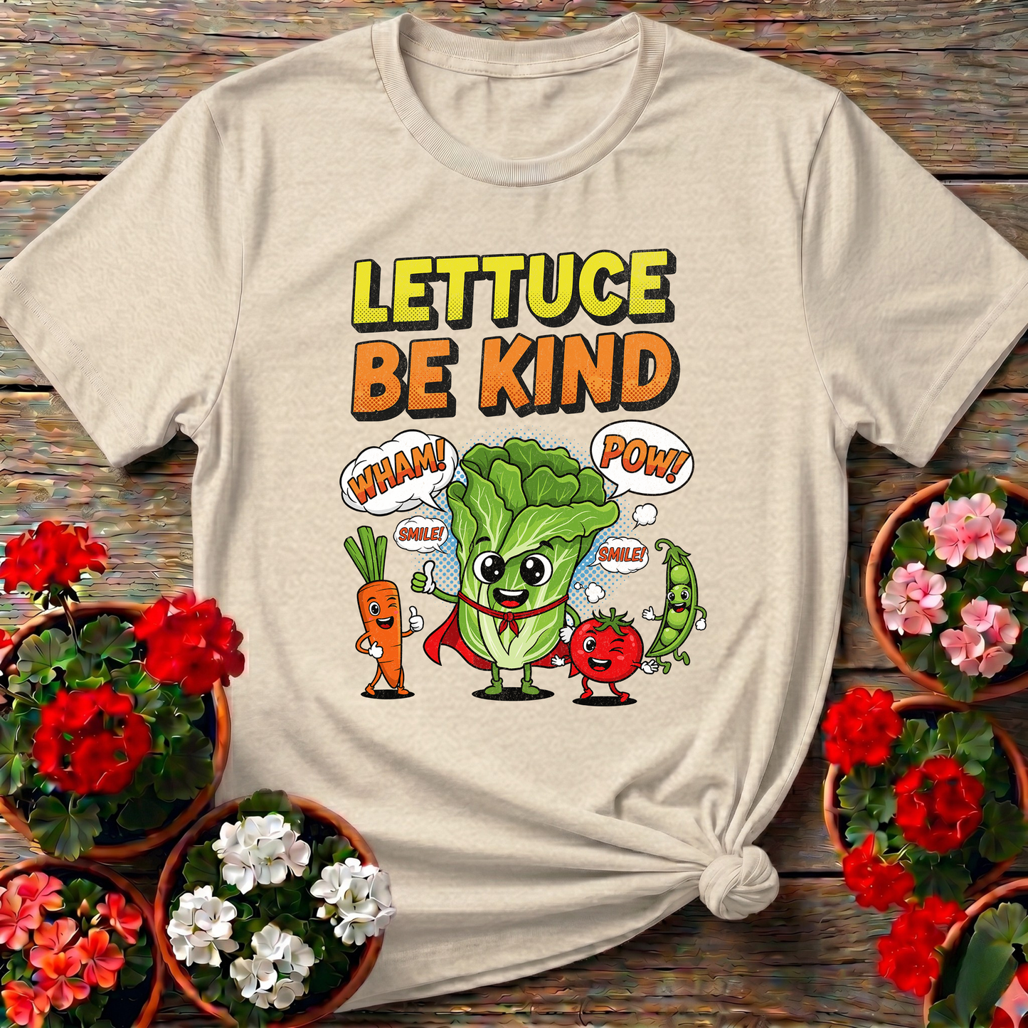 Lettuce Be Kind Comic Style Vegetable Superhero T-shirt