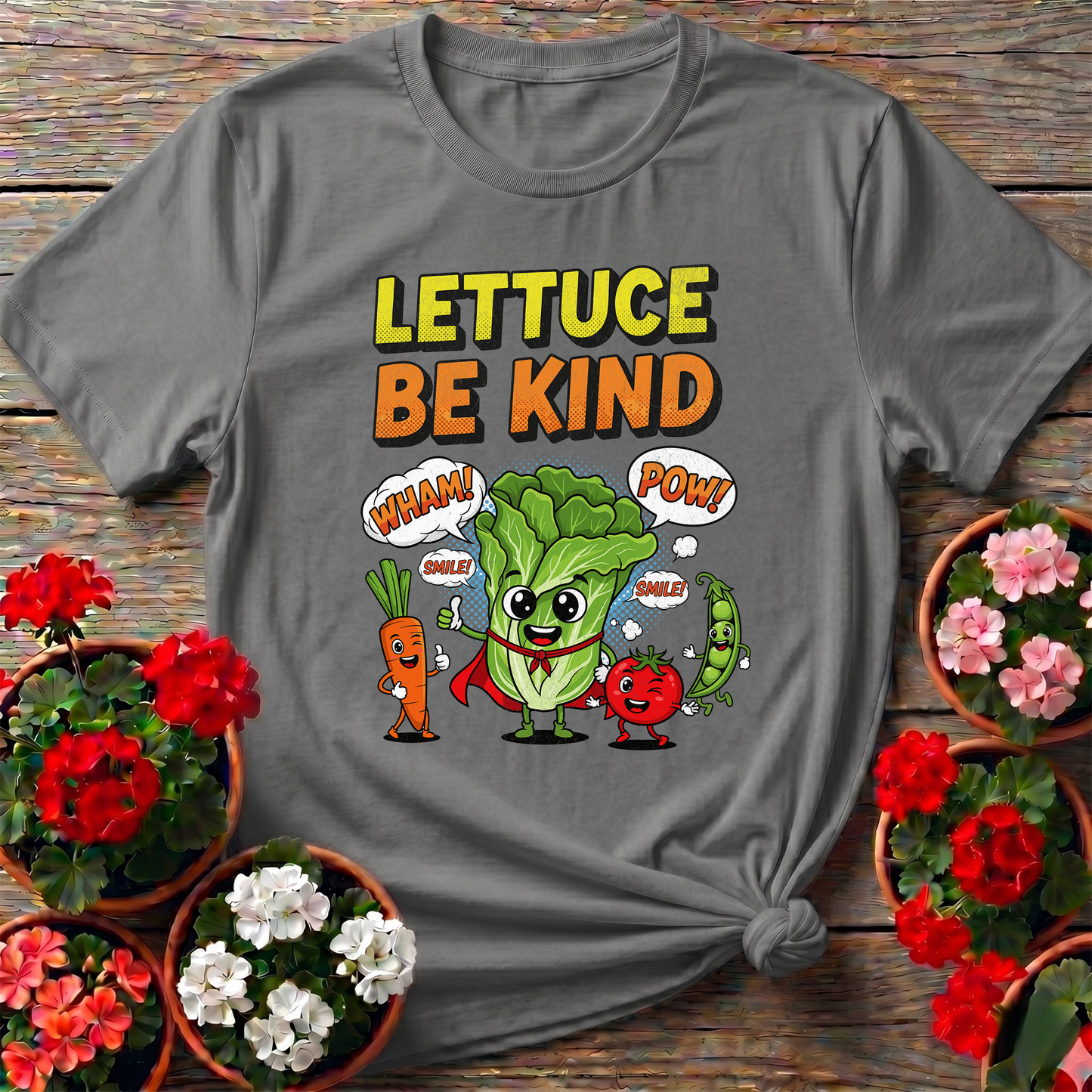 Lettuce Be Kind Comic Style Vegetable Superhero T-shirt