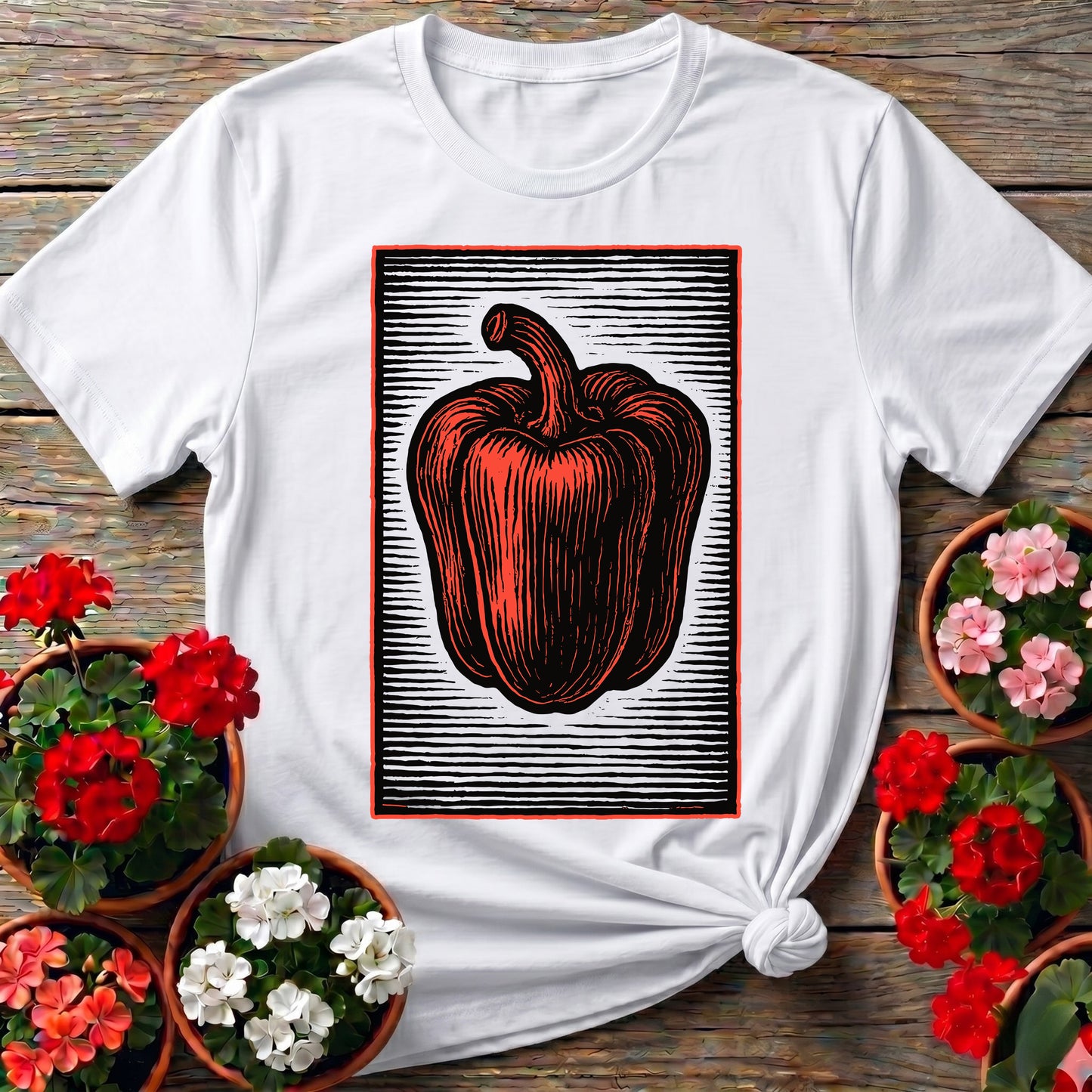 Vintage Linocut Bell Pepper Heirloom Gardening T-shirt