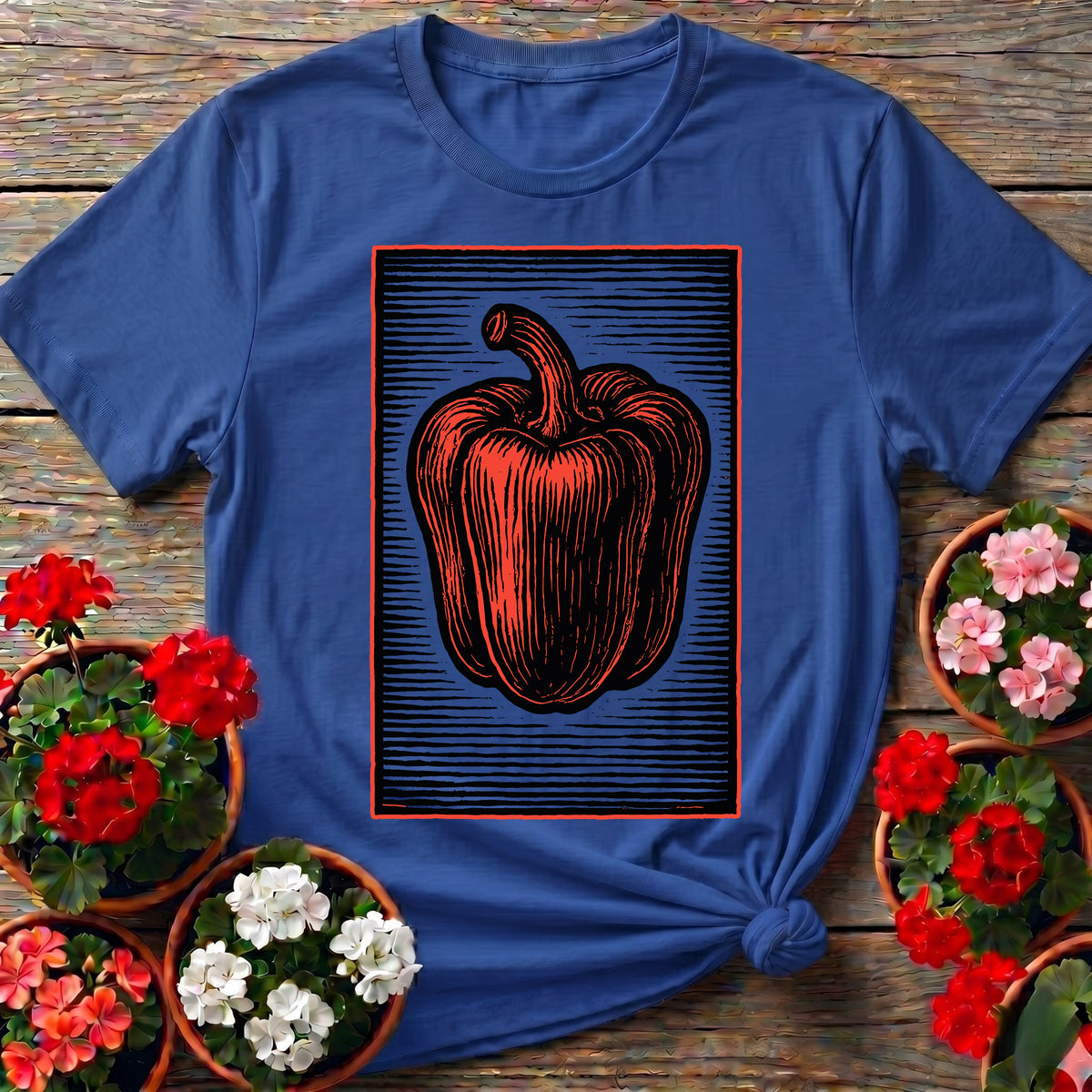 Royal folk art woodblock style gardening shirt with red and black pepper linocut design for raised bed gardeners