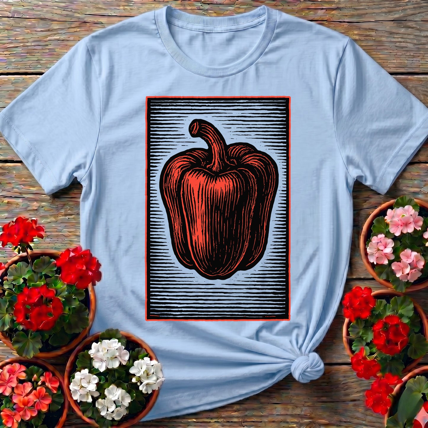 Vintage Linocut Bell Pepper Heirloom Gardening T-shirt