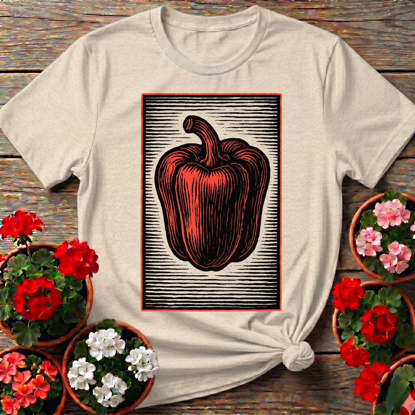 Vintage Linocut Bell Pepper Heirloom Gardening T-shirt