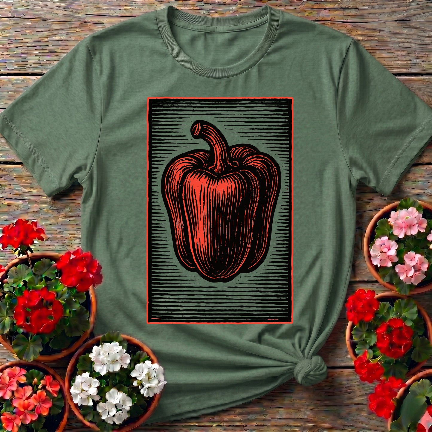 Vintage Linocut Bell Pepper Heirloom Gardening T-shirt