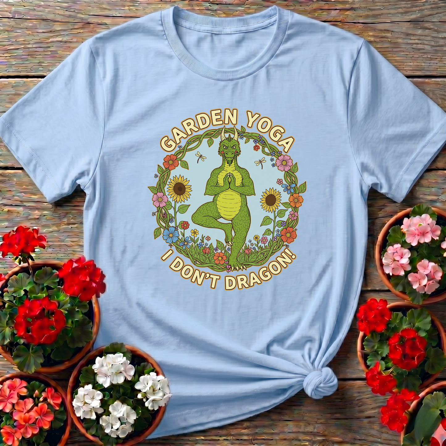 Retro Whimsical Dragon Yoga Botanical Graphic T-Shirt