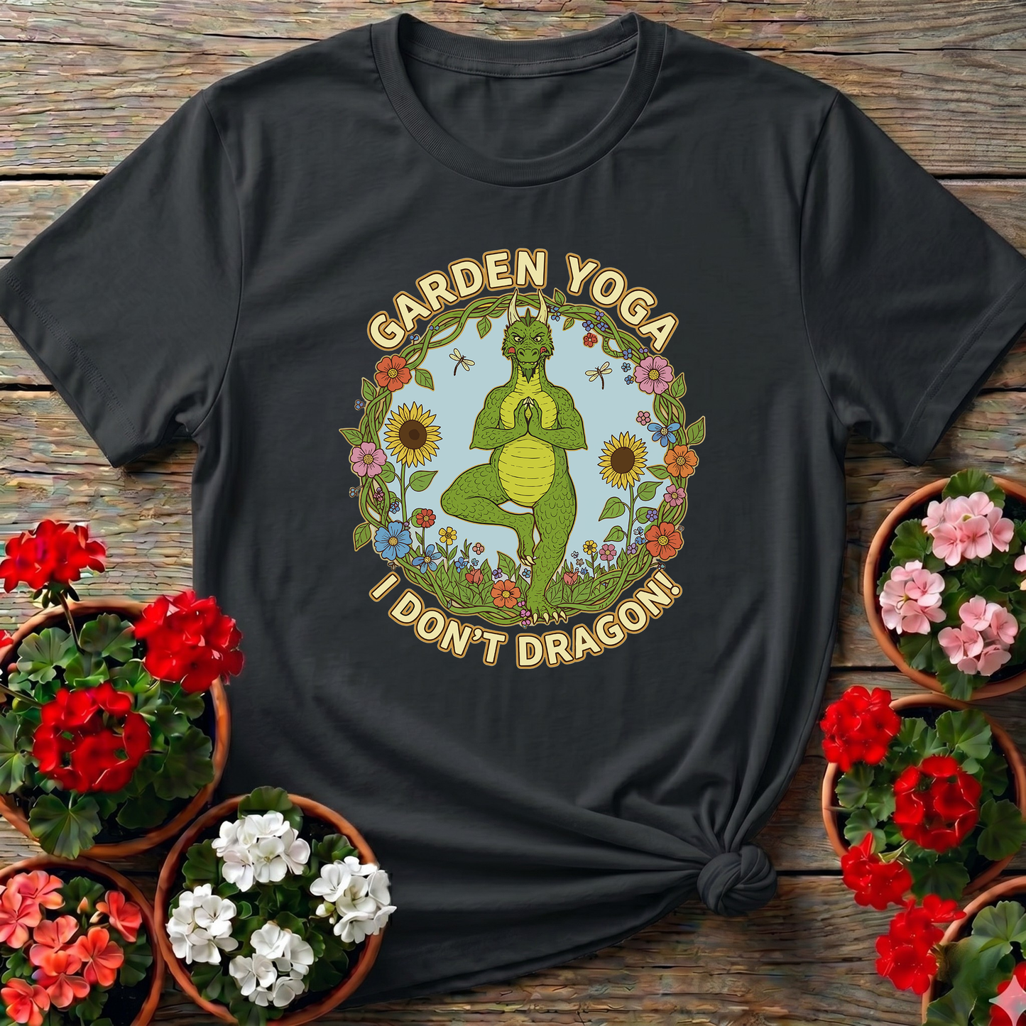 Retro Whimsical Dragon Yoga Botanical Graphic T-Shirt