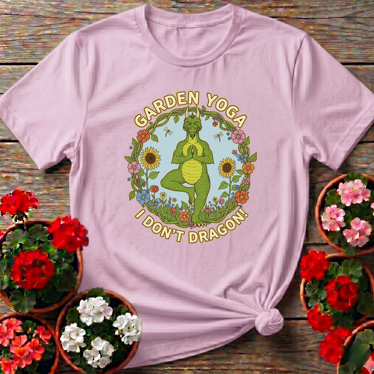 Retro Whimsical Dragon Yoga Botanical Graphic T-Shirt