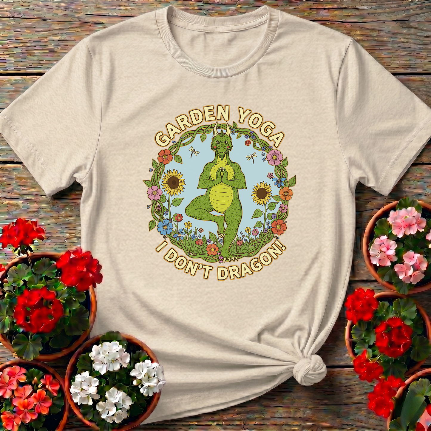 Retro Whimsical Dragon Yoga Botanical Graphic T-Shirt
