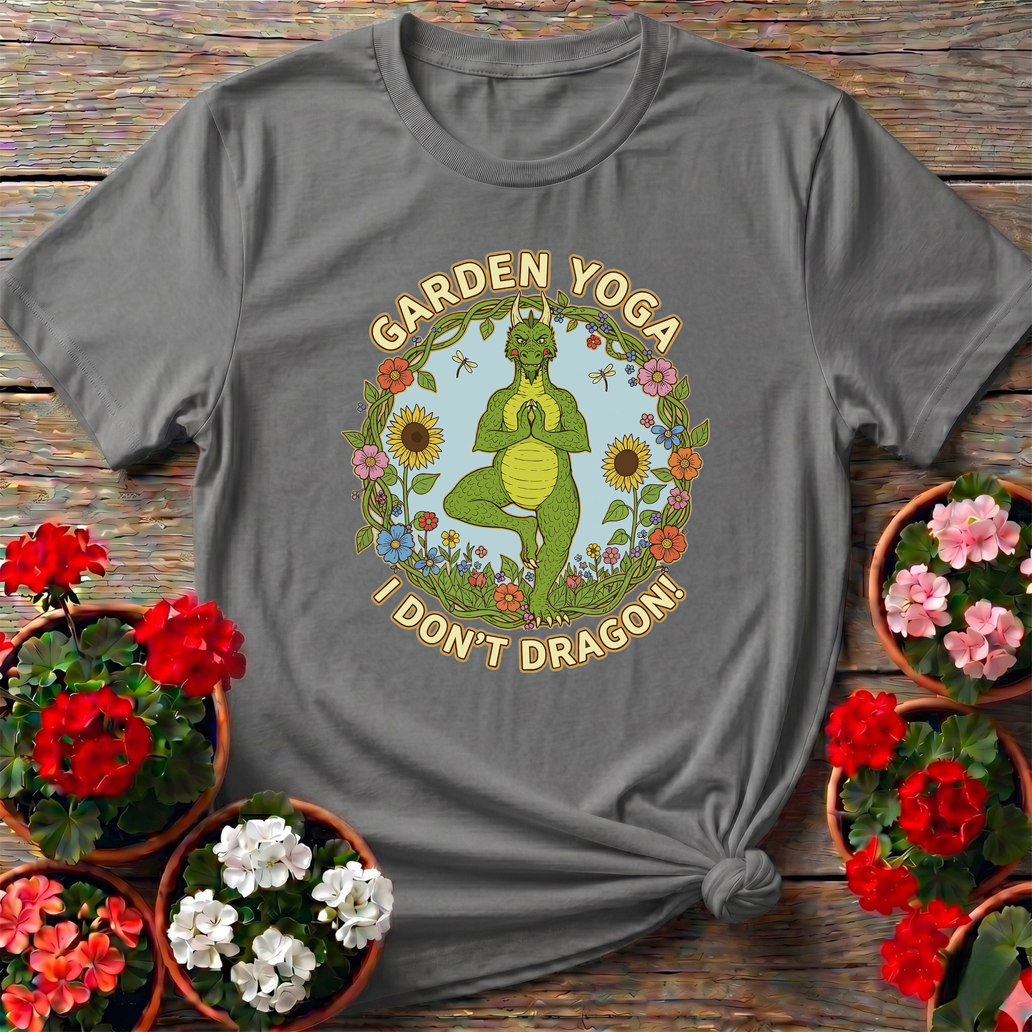 Retro Whimsical Dragon Yoga Botanical Graphic T-Shirt