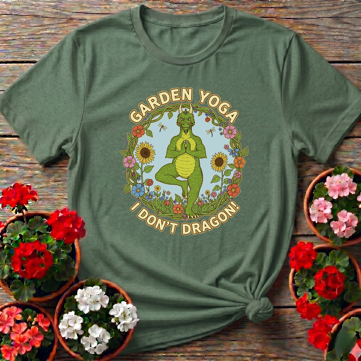 Retro Whimsical Dragon Yoga Botanical Graphic T-Shirt