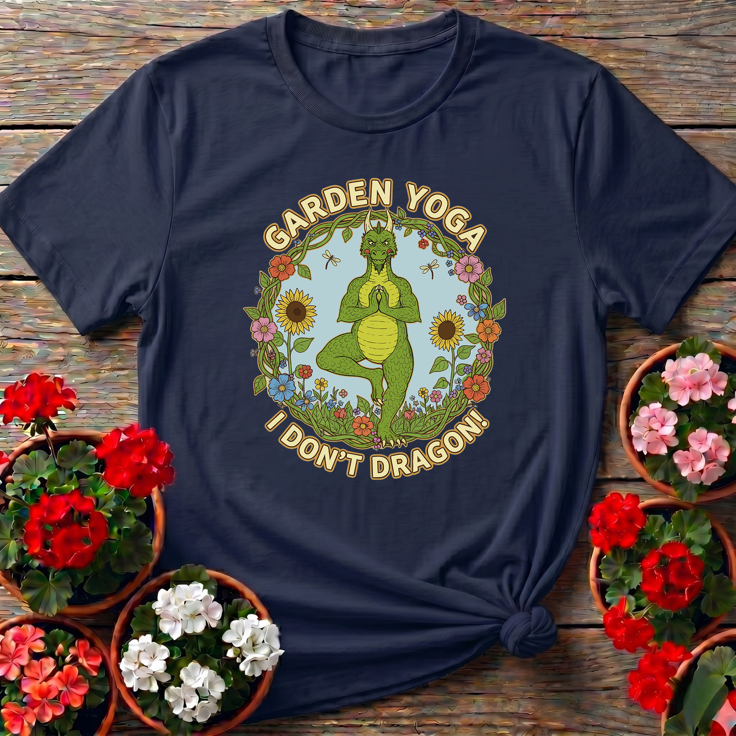 Retro Whimsical Dragon Yoga Botanical Graphic T-Shirt