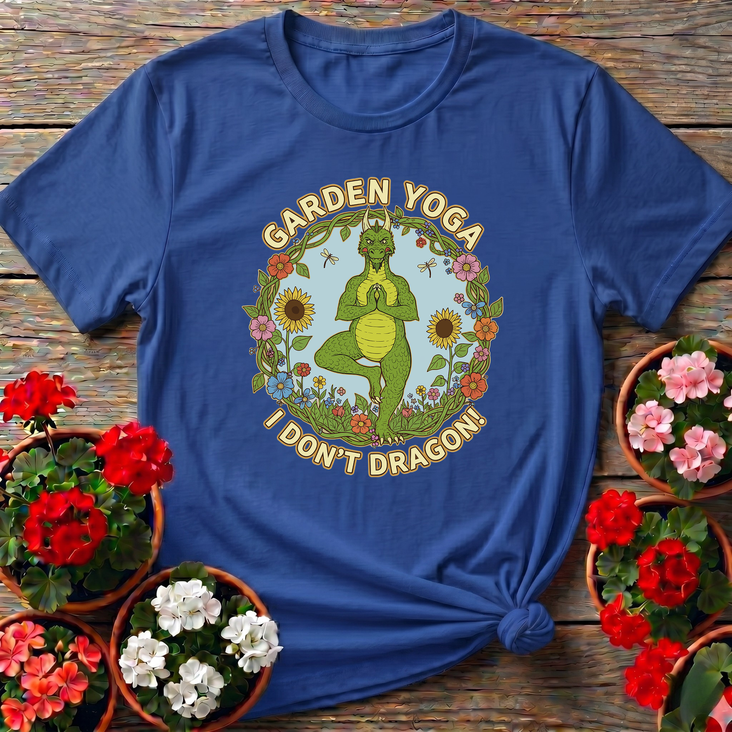 Retro Whimsical Dragon Yoga Botanical Graphic T-Shirt