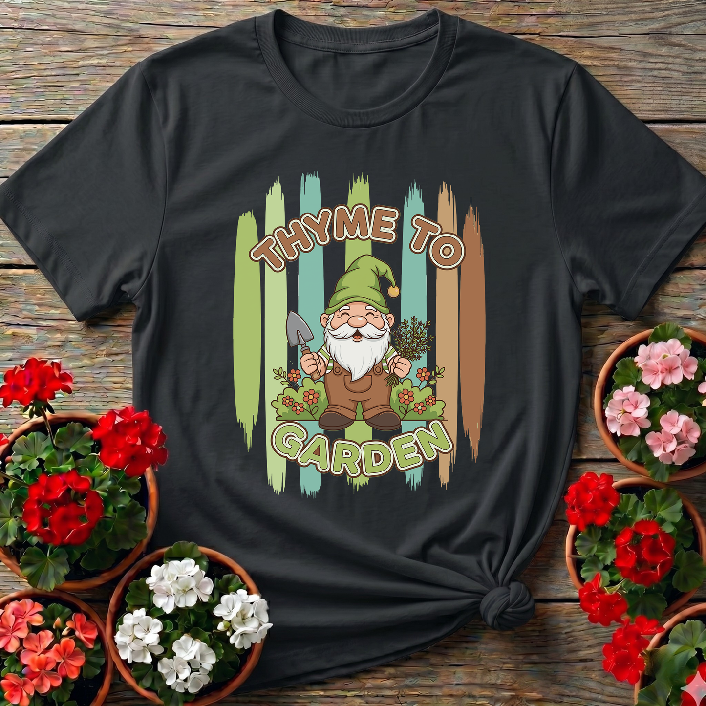 Thyme To Garden Funny Gnome Gardener T-Shirt