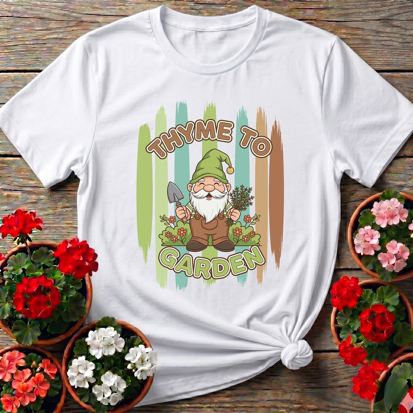 Thyme To Garden Funny Gnome Gardener T-Shirt