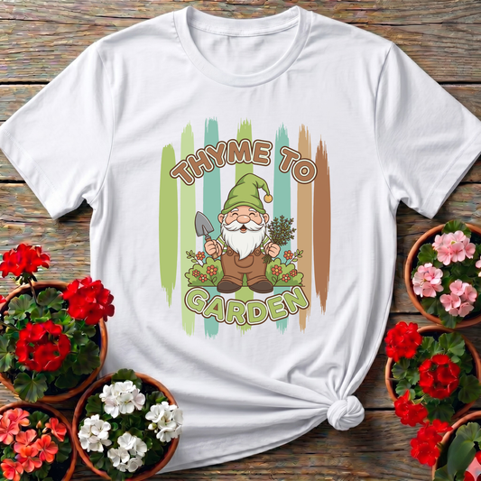 Thyme To Garden Funny Gnome Gardener T-Shirt