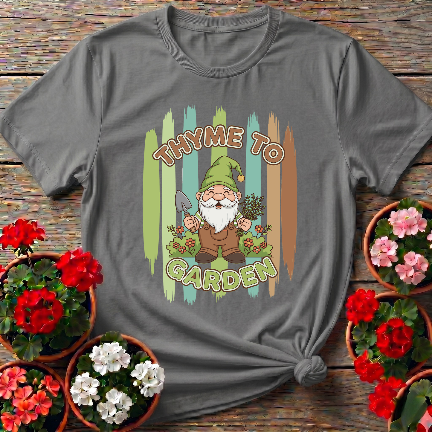 Thyme To Garden Funny Gnome Gardener T-Shirt
