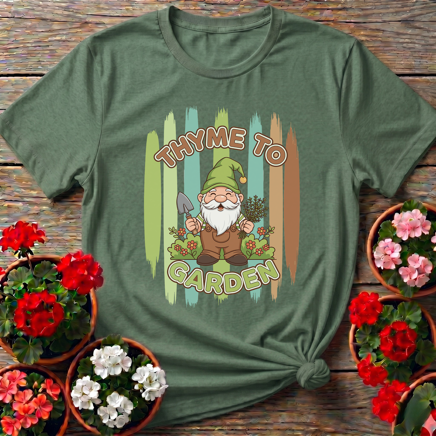 Thyme To Garden Funny Gnome Gardener T-Shirt